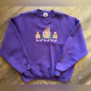 Vintage Chic Purple Gingerbread House Candy Ugly Christmas Crewneck Sweater L